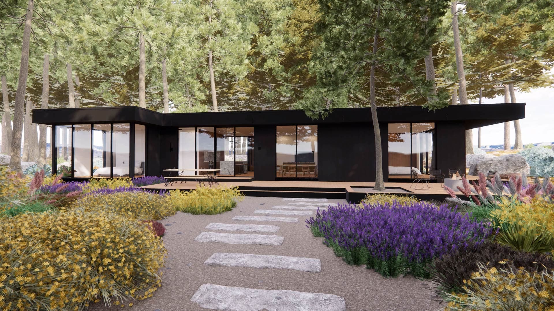Modern dark-clad pavilion nestled among pine trees with stone pathway and lavender